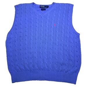 Polo Ralph Lauren Large Cable Knit Sweater Blue Pink Pony Preppy Vintage Vest